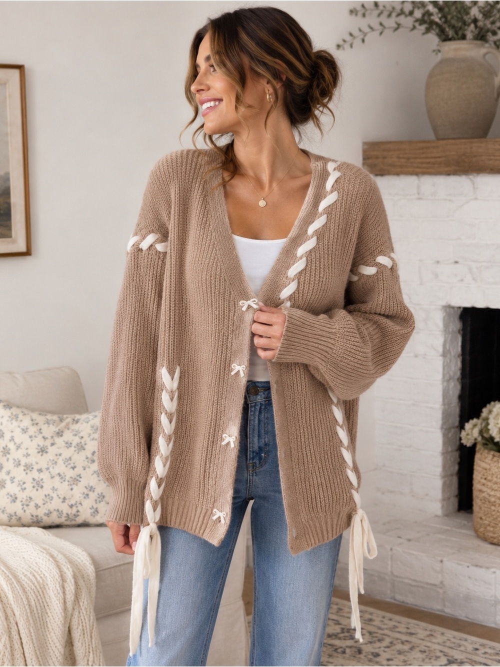 DAVI & DANI LACE-UP RIBBON BOW BUTTON DOWN CARDIGAN OVERSIZED NWT SIZE SMALL